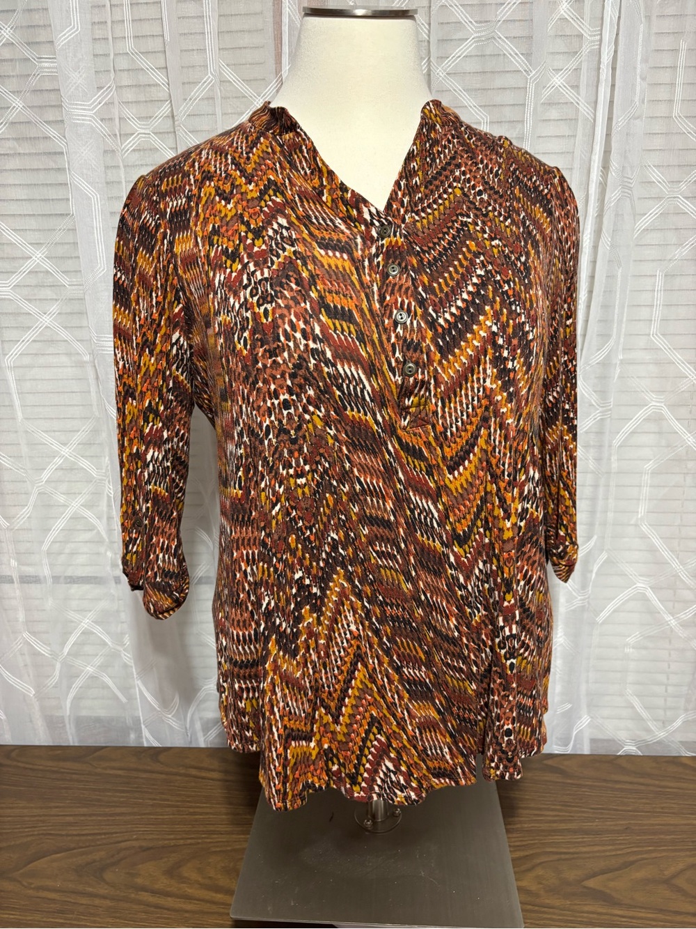 Roz &Ali 2X Brown Chevron Animal-Print Button-Front Blouse3/4 sleeve 25 p2p 30L